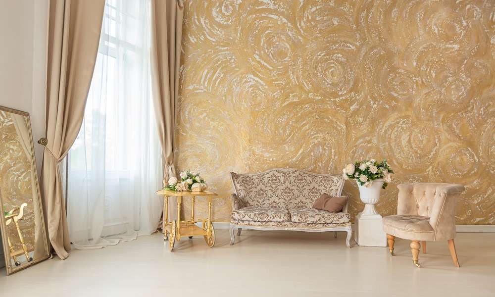 Gold Living Room Decor With Gold Wallpaper