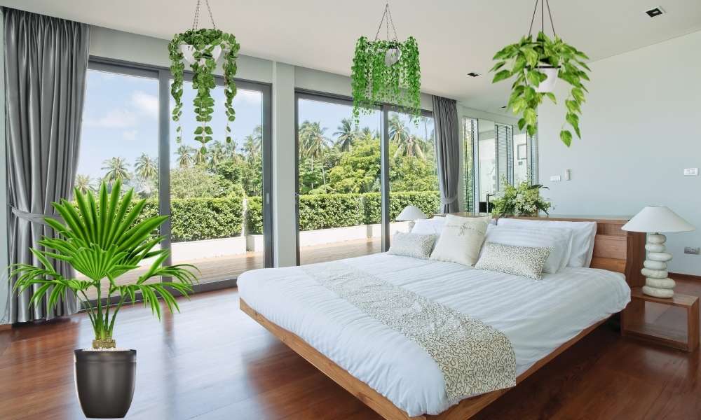 Taupe Bedroom Hanging Potted Greenery