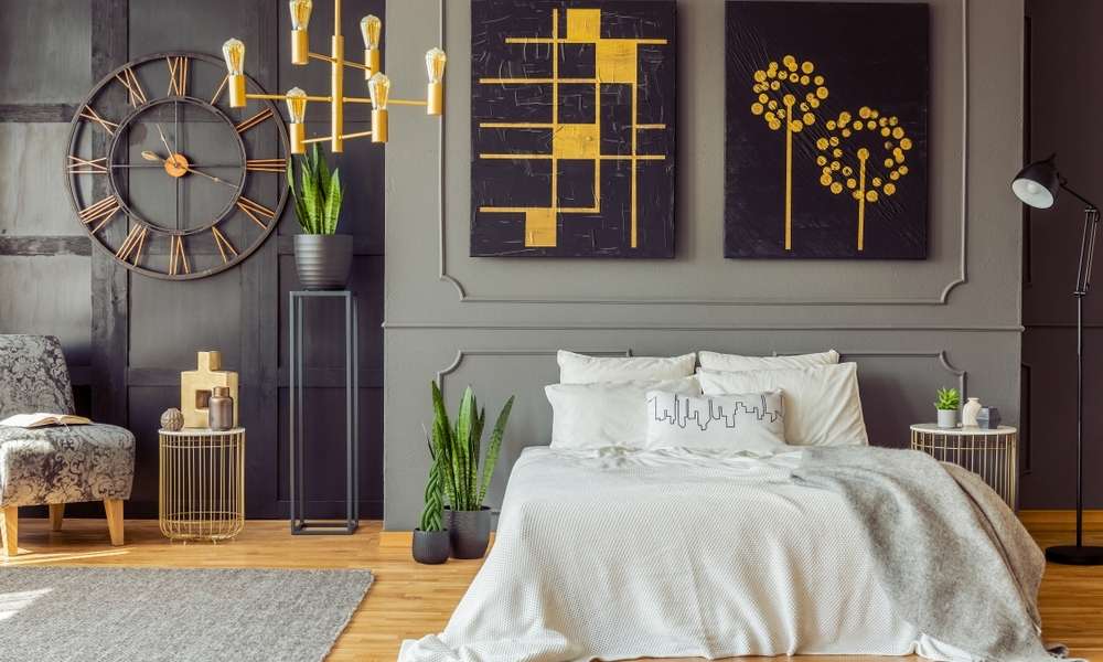 Hang Art In Gold and blue bedroom