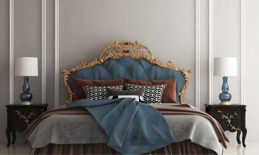 Use Headboard In Gold and blue bedroom