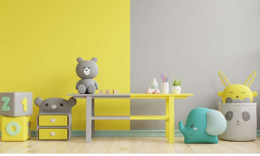 Desk In Grey and yellow bedroom